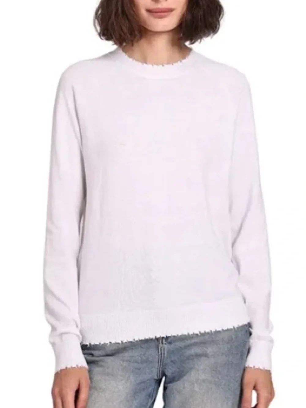 Minnie Rose Cotton cable crew neck frayed hem sweater NWT Medium
